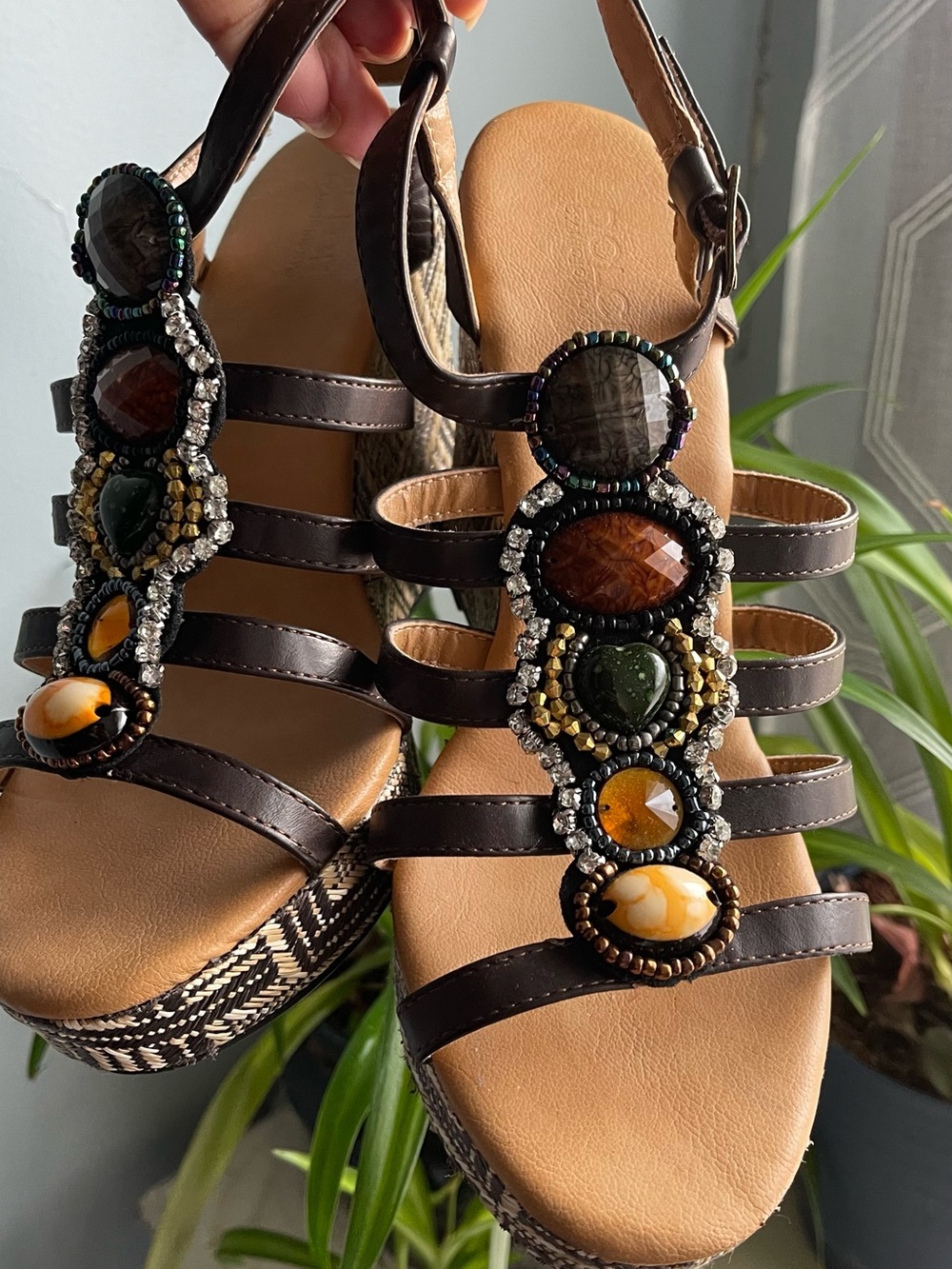Embellished Brown Strappy Wedge Sandals